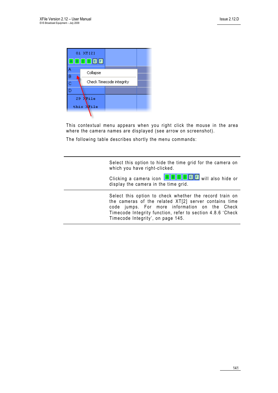 2 contextual menu from the camera names area, Contextual menu from the camera names area, Ontextual | Enu from the, Amera, Ames | EVS Xfile Version 2.12 - July 2009 User Manual User Manual | Page 142 / 191