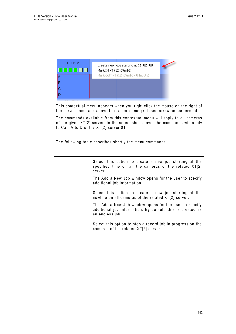 Contextual menu from the right of the server name, Ontextual, Enu from the | Ight of the, Erver | EVS Xfile Version 2.12 - July 2009 User Manual User Manual | Page 144 / 191