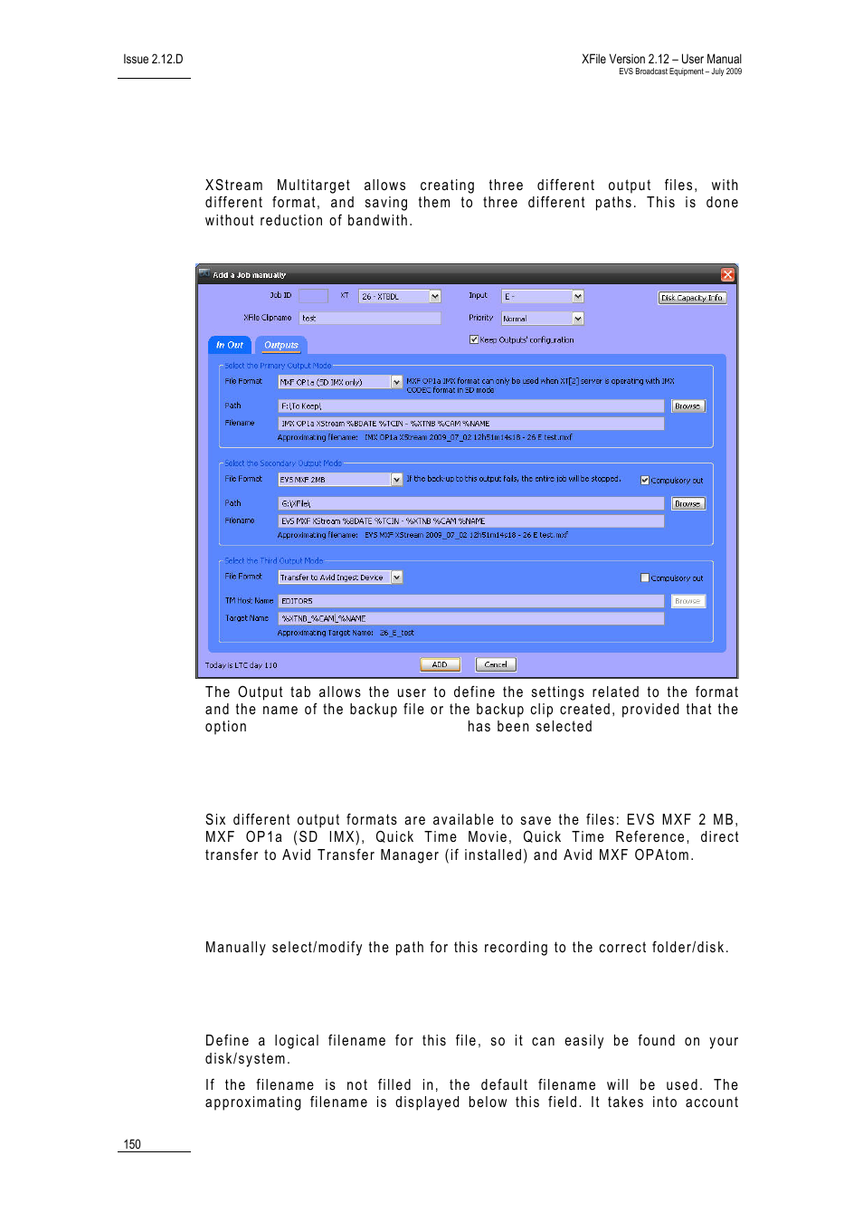 3 outputs tab, Output file format, Path | Filename, Outputs tab, Utputs | EVS Xfile Version 2.12 - July 2009 User Manual User Manual | Page 151 / 191