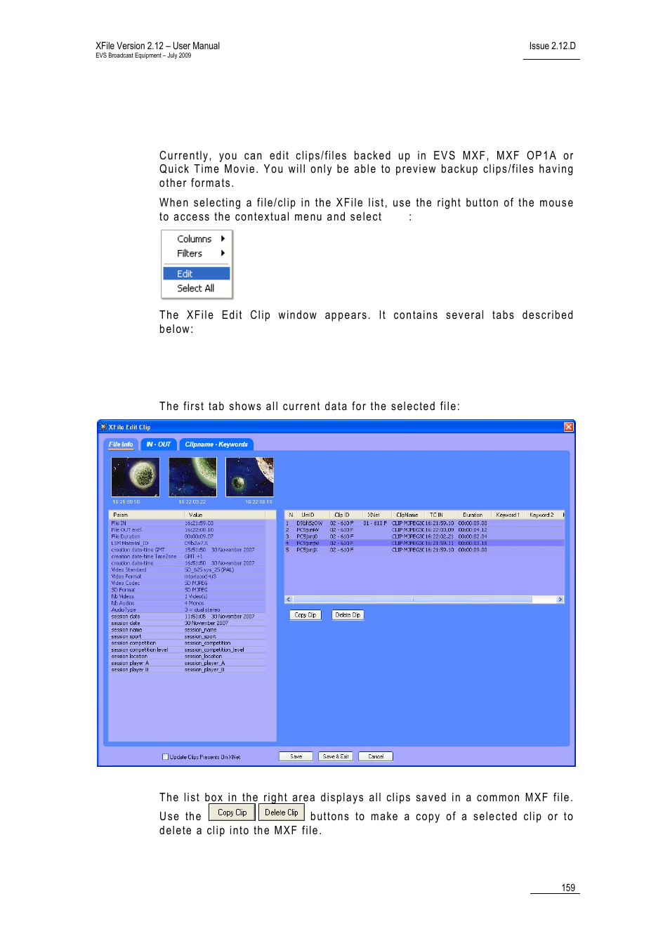 2 editing a clip, 1 file info tab, Xf_edit_clip | Editing a clip, File info tab, 2 ‘editing a clip | EVS Xfile Version 2.12 - July 2009 User Manual User Manual | Page 160 / 191