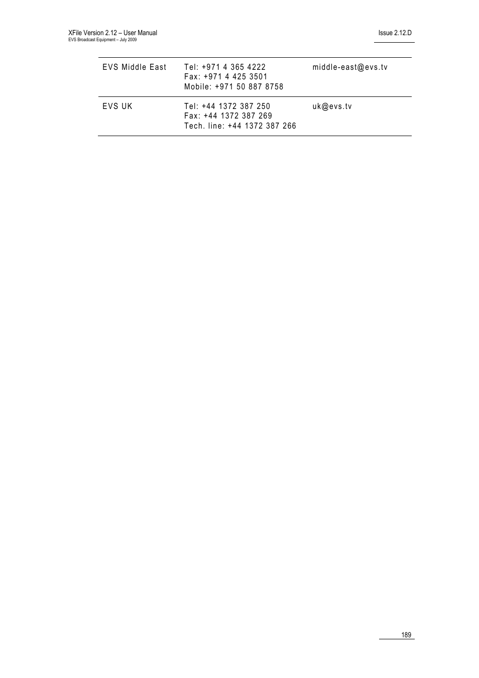 EVS Xfile Version 2.12 - July 2009 User Manual User Manual | Page 190 / 191