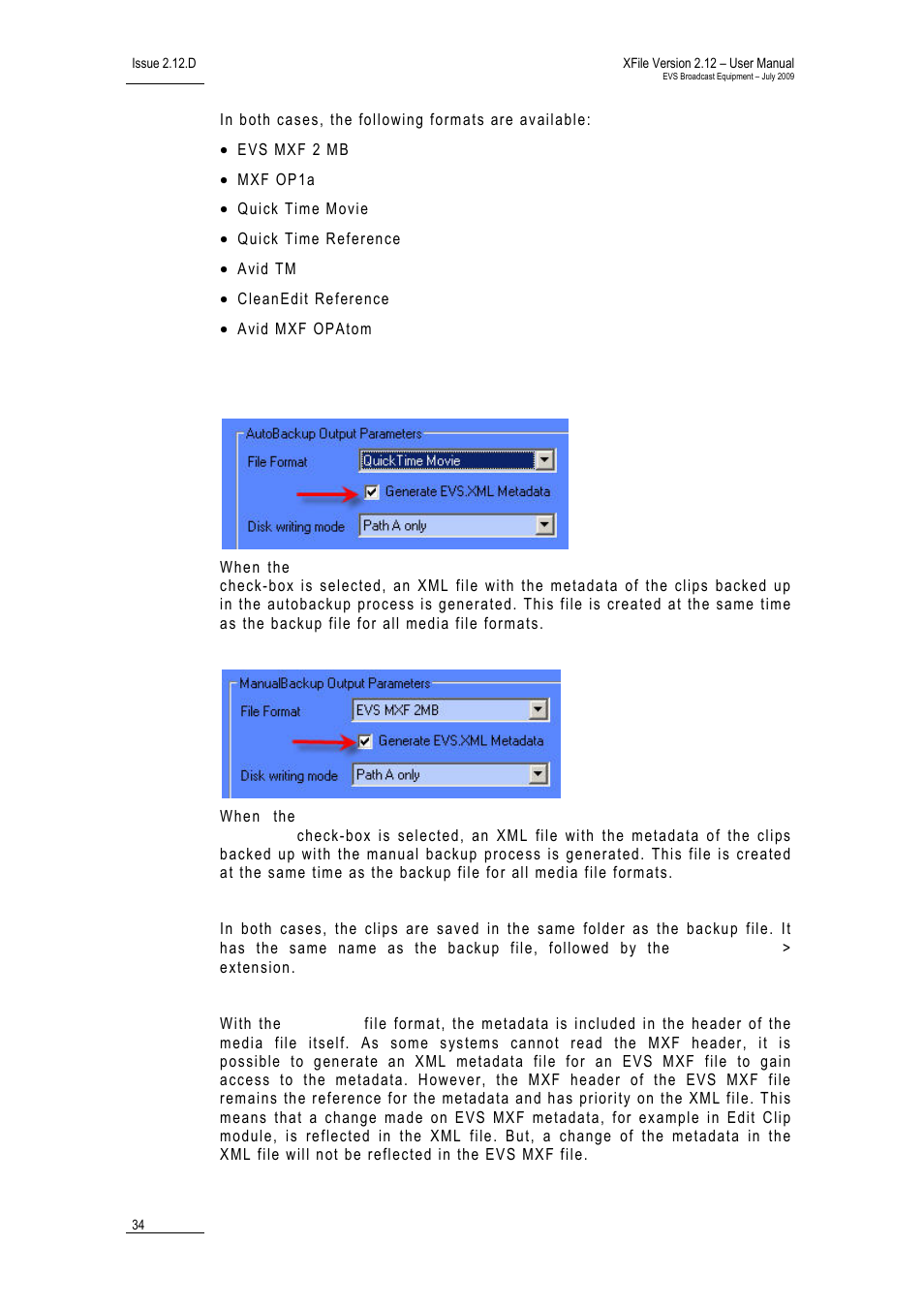 Parameters for generating an xml metadata file | EVS Xfile Version 2.12 - July 2009 User Manual User Manual | Page 35 / 191