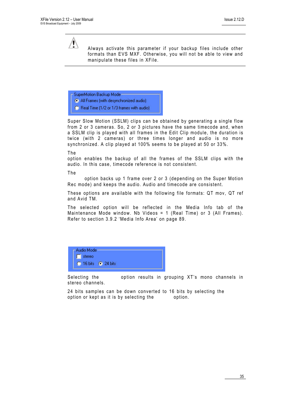 Super motion backup mode, Audio mode, Xf_supermotionbackupmode | EVS Xfile Version 2.12 - July 2009 User Manual User Manual | Page 36 / 191