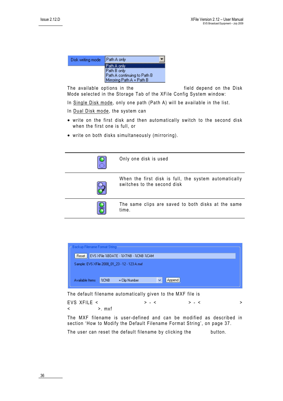 Disk writing mode, Backup filename format string, Xf_ap_diskwritingmode | Xfile_cs_ap_backupfilenameformatstring | EVS Xfile Version 2.12 - July 2009 User Manual User Manual | Page 37 / 191