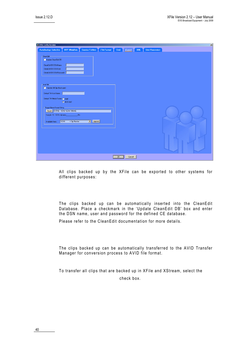 6 tab 6 – export, Cleanedit, Avid tm | Transfer all clips backuped, Xf_cs_tab6_export, Tab 6 – export, Export, Xport | EVS Xfile Version 2.12 - July 2009 User Manual User Manual | Page 41 / 191