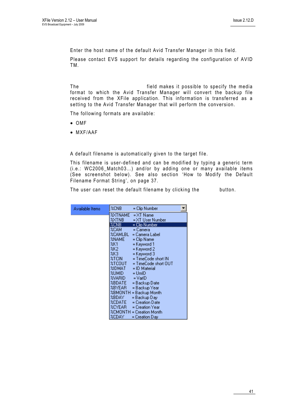Default tm host name, Default tm media format, Target name format string | EVS Xfile Version 2.12 - July 2009 User Manual User Manual | Page 42 / 191