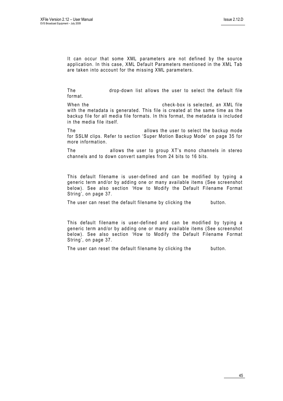 Xml default parameters, Xml backup output parameters, Xml backup filename format string | Xml grab filename format string | EVS Xfile Version 2.12 - July 2009 User Manual User Manual | Page 46 / 191