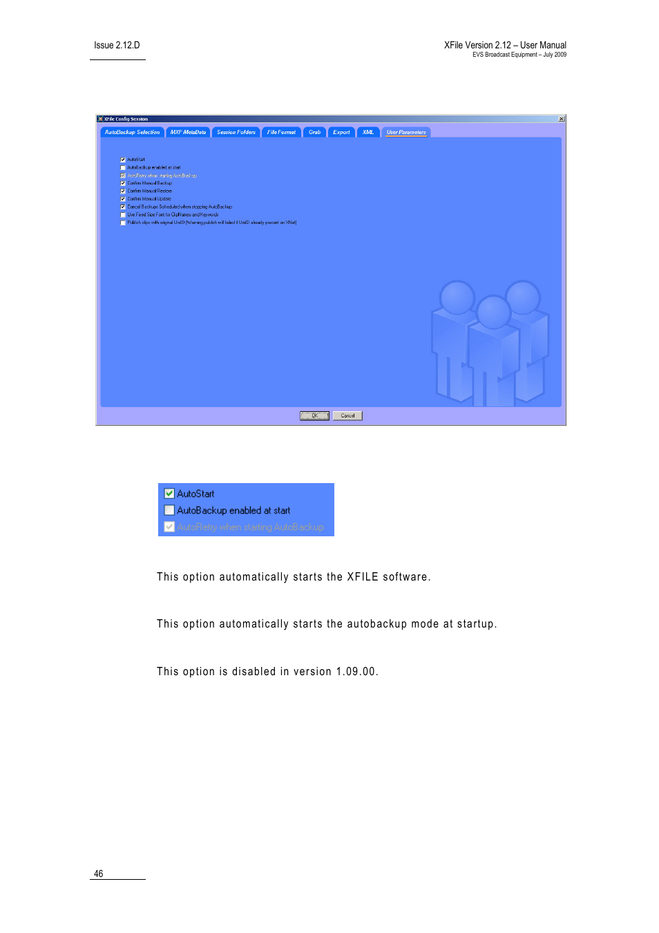 8 tab 8 – user parameters, Parameters for automatic processes, Autostart | Autobackup at startup, Autoretry when starting autobackup, Tab 8 – user parameters, Arameters | EVS Xfile Version 2.12 - July 2009 User Manual User Manual | Page 47 / 191