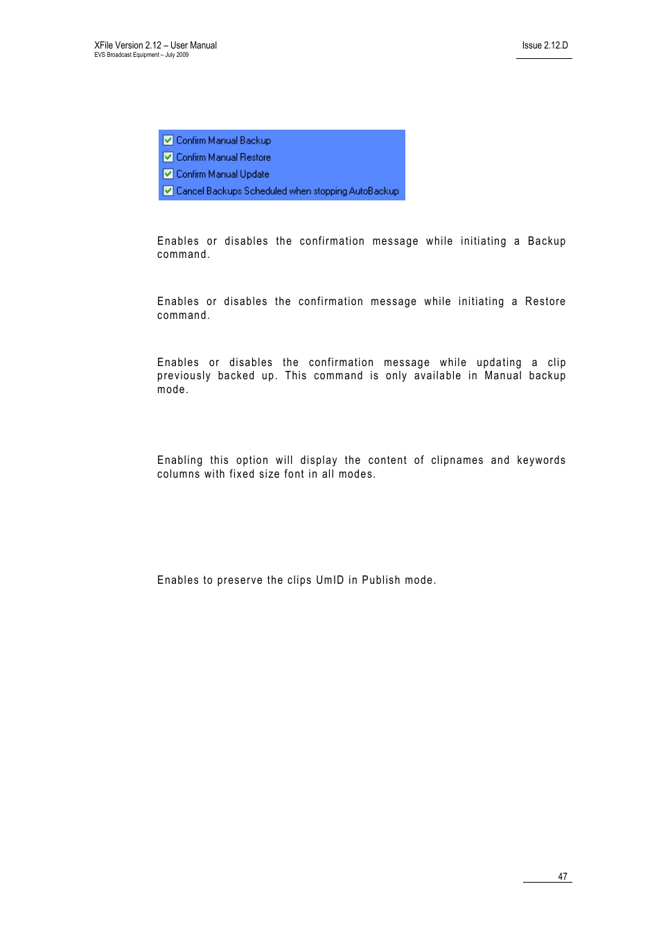 Parameters for confirmation messages, Confirm manual backup, Confirm manual restore | Confirm manual update, Use fixed size font for clipnames and keywords, Parameter for publish, Xf_parameterforpublish | EVS Xfile Version 2.12 - July 2009 User Manual User Manual | Page 48 / 191