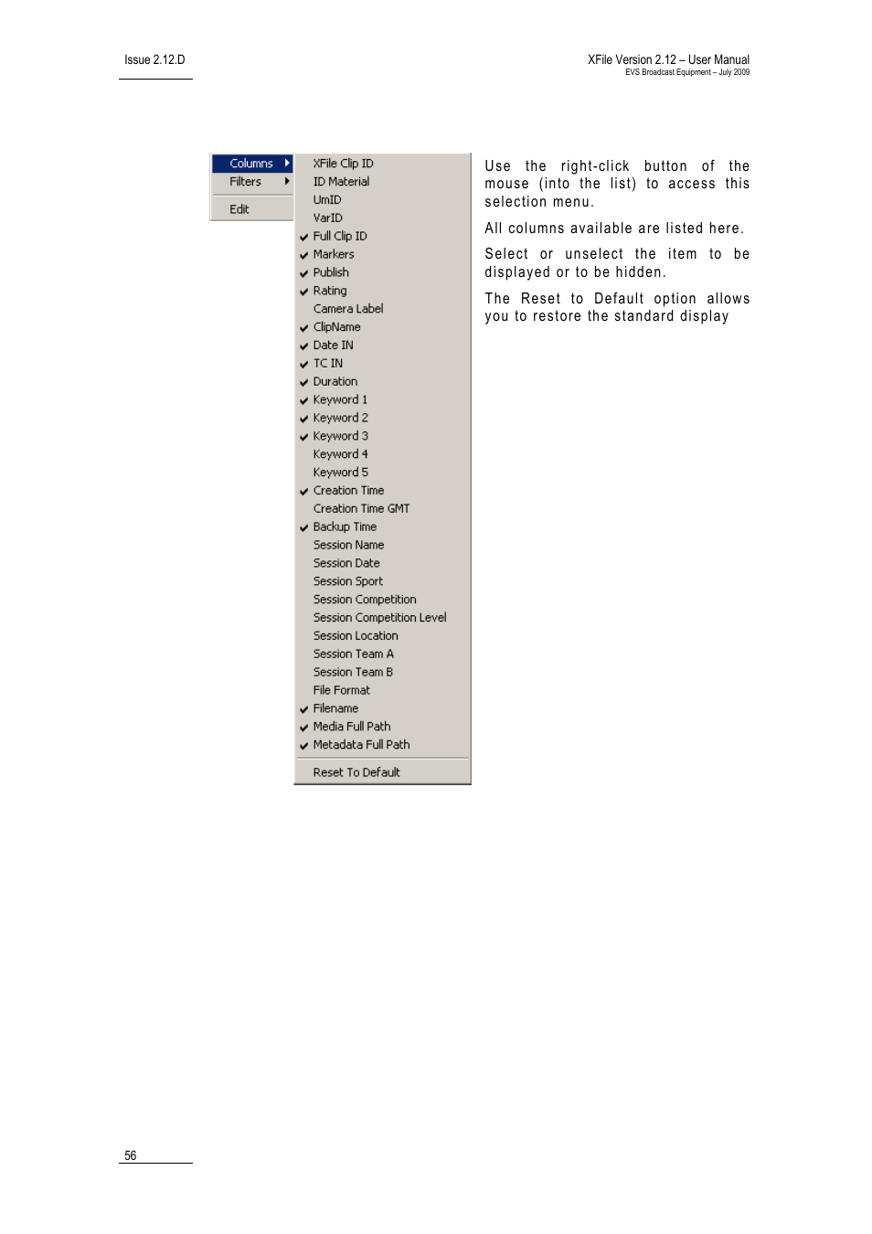 Defining columns, Xf_display_columns | EVS Xfile Version 2.12 - July 2009 User Manual User Manual | Page 57 / 191