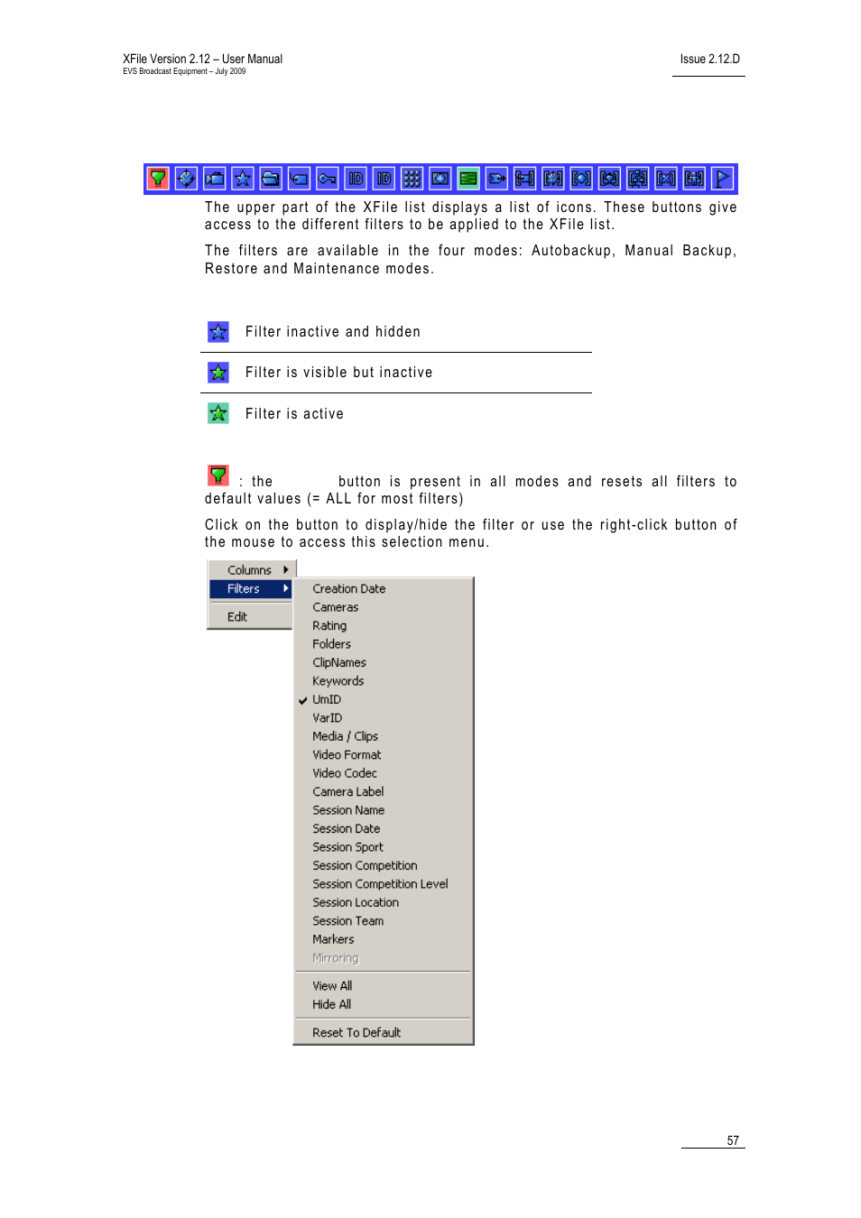 Filters, Xf_filters, Ilters | EVS Xfile Version 2.12 - July 2009 User Manual User Manual | Page 58 / 191
