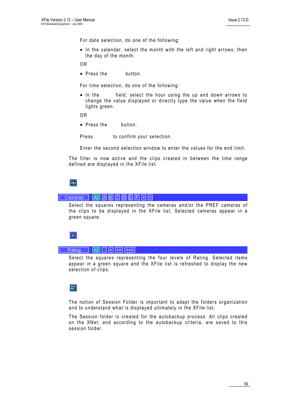 Camera selection, Rating, Folders | EVS Xfile Version 2.12 - July 2009 User Manual User Manual | Page 60 / 191