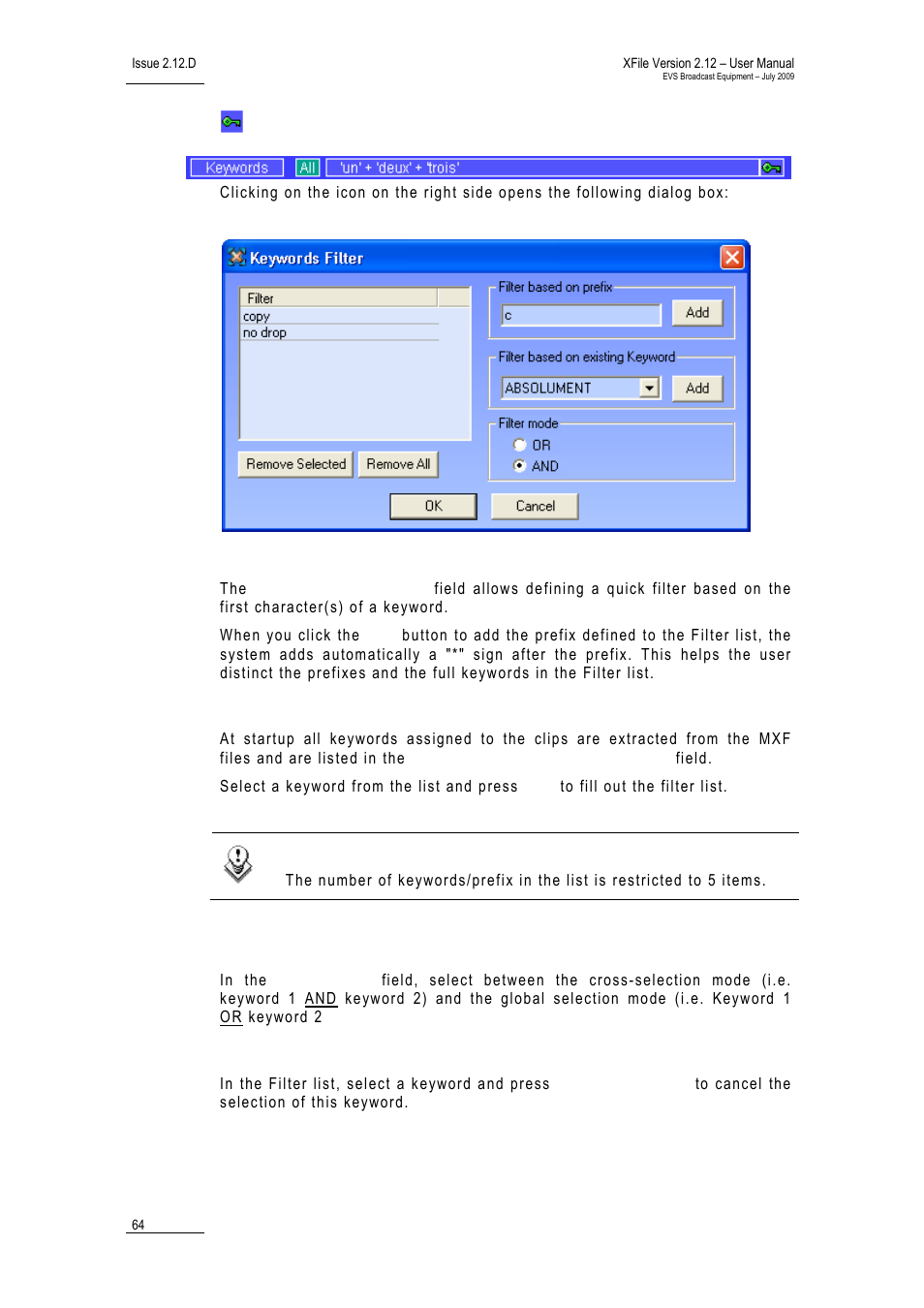 Keywords, Filter based on prefix, Filter based on existing keyword | Filter mode, Remove selected | EVS Xfile Version 2.12 - July 2009 User Manual User Manual | Page 65 / 191