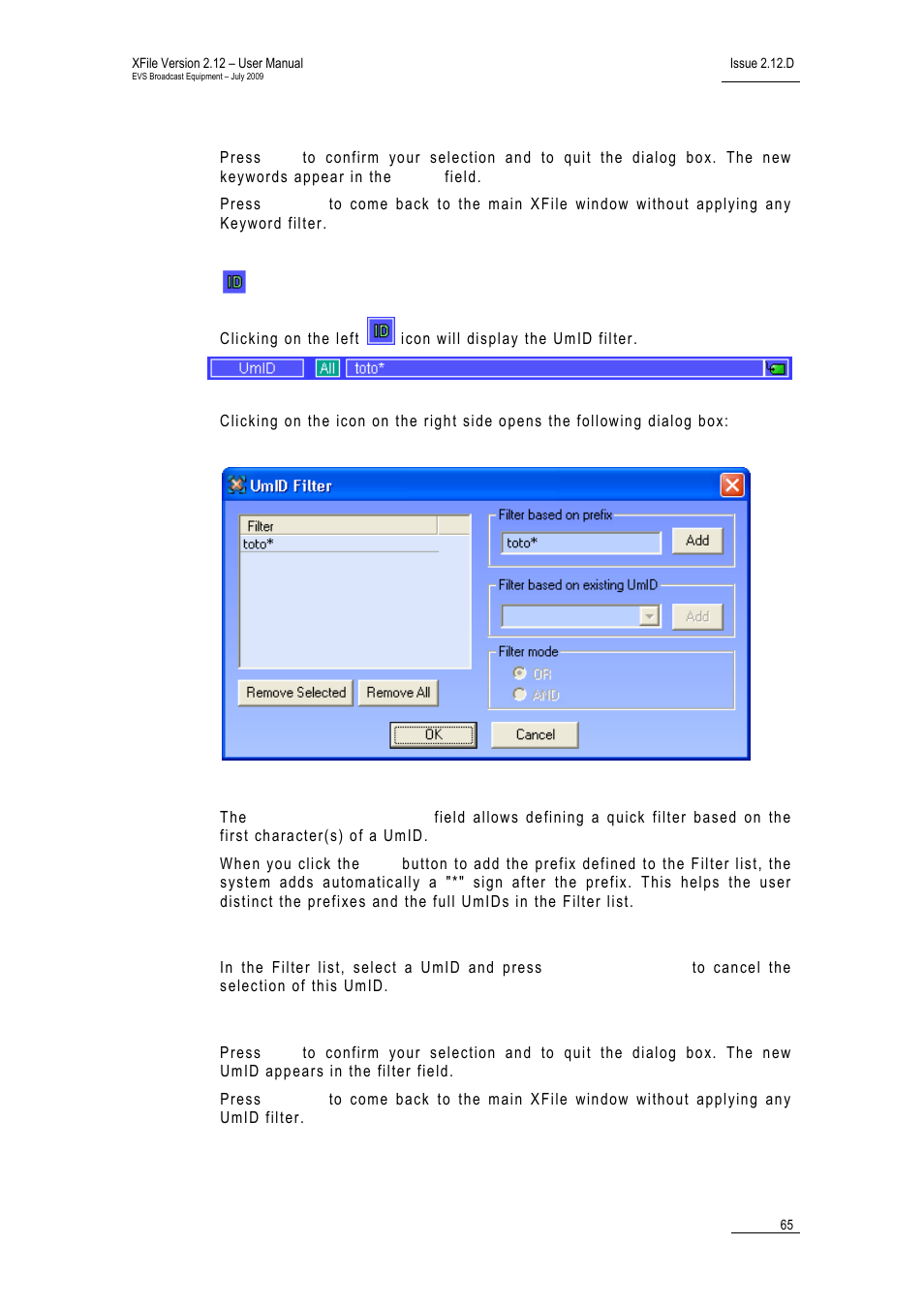 Ok / cancel, Umid, Filter based on prefix | Remove selected, Ok/cancel | EVS Xfile Version 2.12 - July 2009 User Manual User Manual | Page 66 / 191