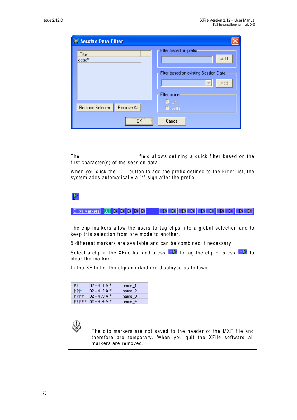 Filter based on prefix, Clip markers | EVS Xfile Version 2.12 - July 2009 User Manual User Manual | Page 71 / 191