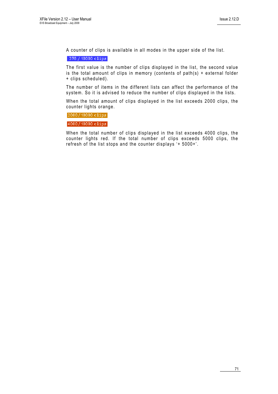 Counters, Ounters | EVS Xfile Version 2.12 - July 2009 User Manual User Manual | Page 72 / 191