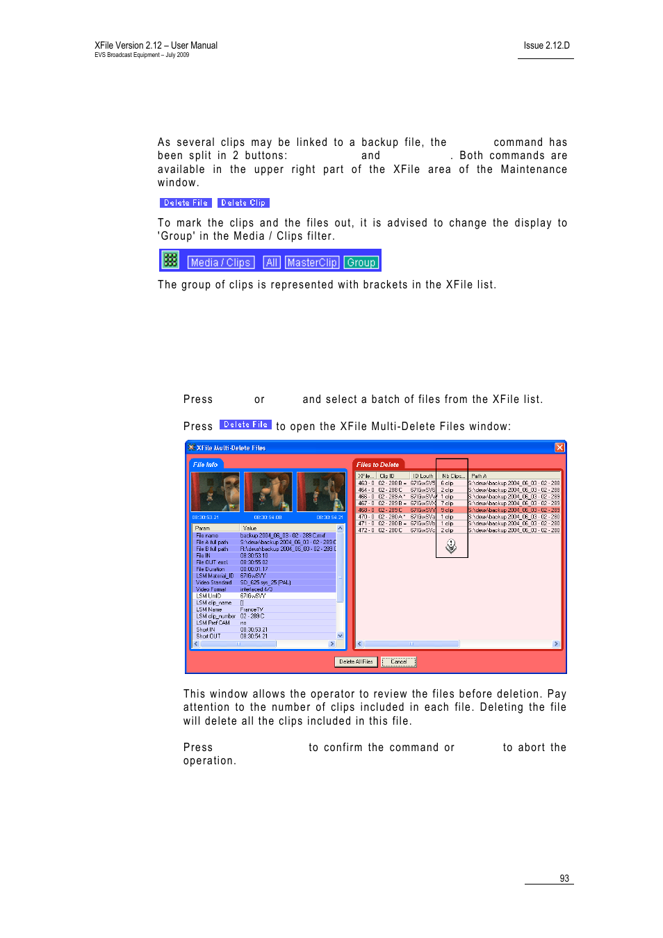 3 deleting backup clips and files, Deleting backup clips and files | EVS Xfile Version 2.12 - July 2009 User Manual User Manual | Page 94 / 191