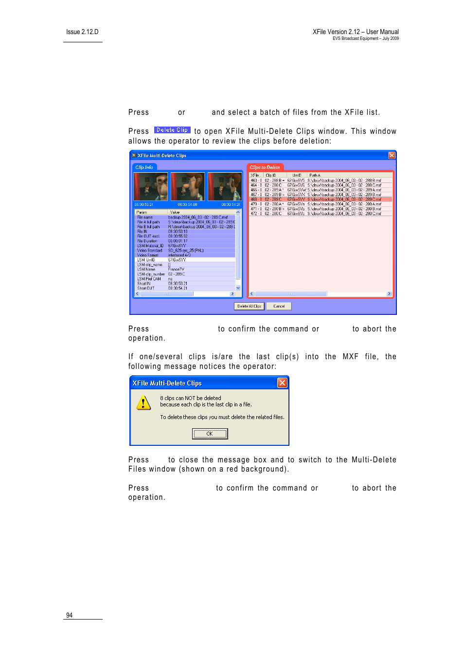 How to perform a multi-selection to delete clips | EVS Xfile Version 2.12 - July 2009 User Manual User Manual | Page 95 / 191