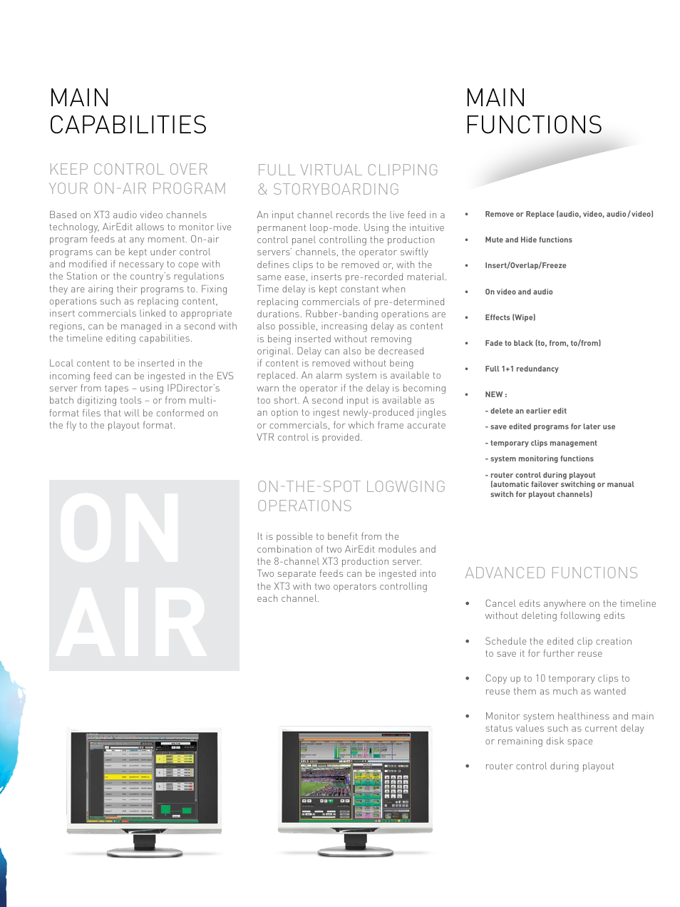 On air, Main capabilities, Main functions | On-the-spot logwging operations, Advanced functions | EVS IPAirEdit User Manual | Page 3 / 4