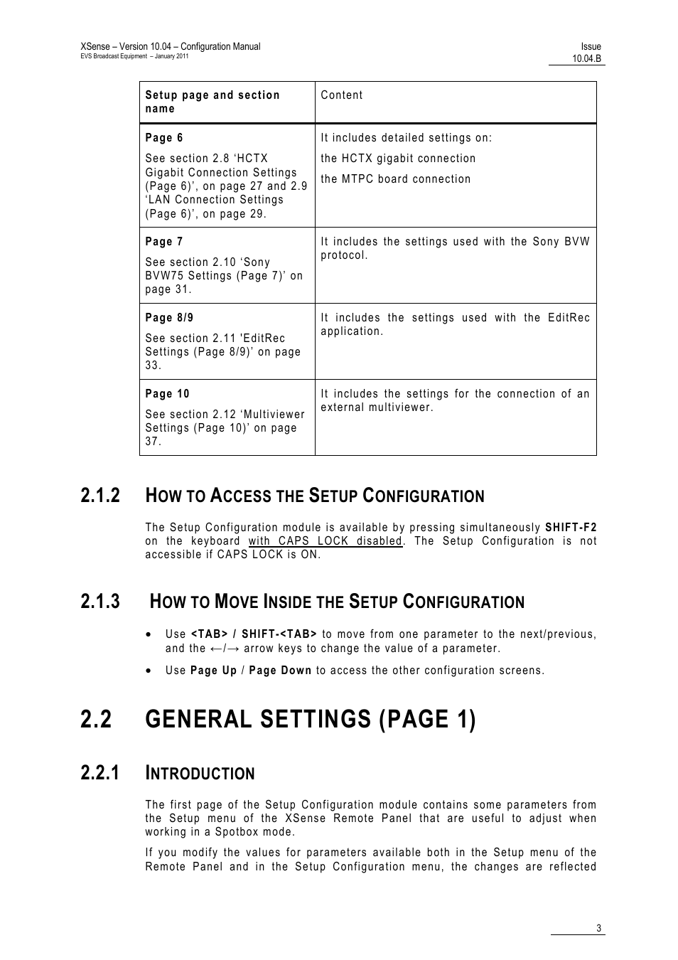 2 how to access the setup configuration, 3 how to move inside the setup configuration, 1 introduction | Guration, 2 general settings (page 1) | EVS XSense Version 10.04 - January 2011 Configuration Manual User Manual | Page 12 / 96