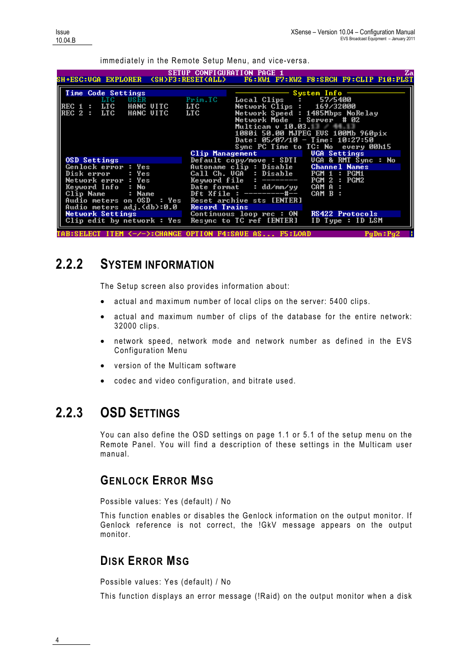 2 system information, 3 osd settings, Genlock error msg | Disk error msg, 3 osd, Ystem information, Ettings | EVS XSense Version 10.04 - January 2011 Configuration Manual User Manual | Page 13 / 96