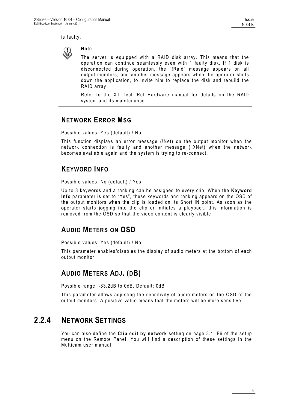 Network error msg, Keyword info, Audio meters on osd | Audio meters adj. (db), 4 network settings | EVS XSense Version 10.04 - January 2011 Configuration Manual User Manual | Page 14 / 96