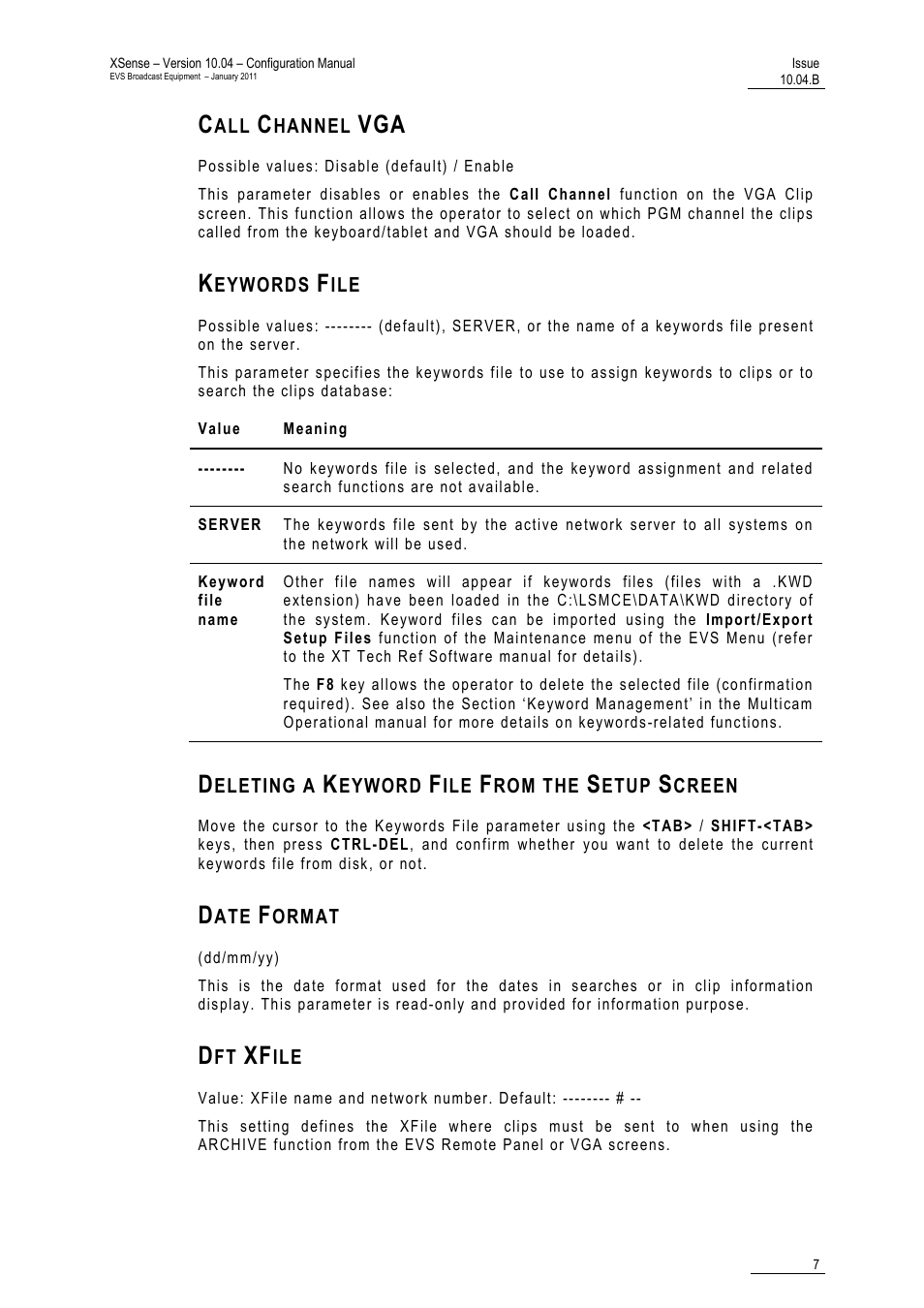 Call channel vga, Keywords file, Deleting a keyword file from the setup screen | Date format, Dft xfile | EVS XSense Version 10.04 - January 2011 Configuration Manual User Manual | Page 16 / 96