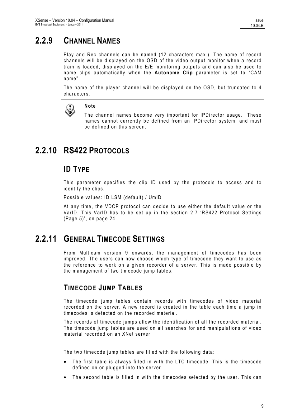 9 channel names, 10 rs422 protocols, Id type | 11 general timecode settings, Timecode jump tables, 11 g | EVS XSense Version 10.04 - January 2011 Configuration Manual User Manual | Page 18 / 96
