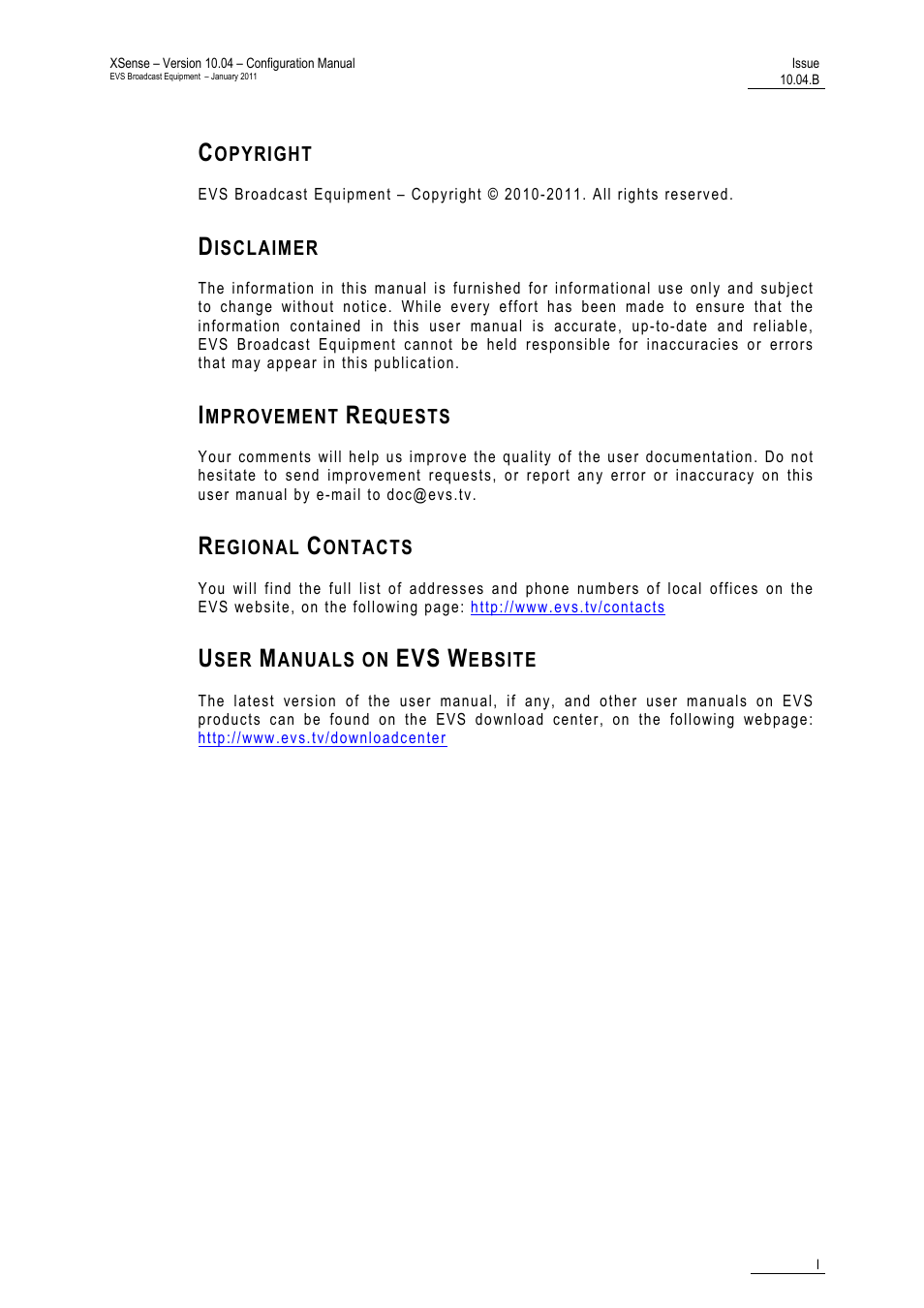 Copyright, Disclaimer, Improvement requests | Regional contacts, User manuals on evs website | EVS XSense Version 10.04 - January 2011 Configuration Manual User Manual | Page 2 / 96