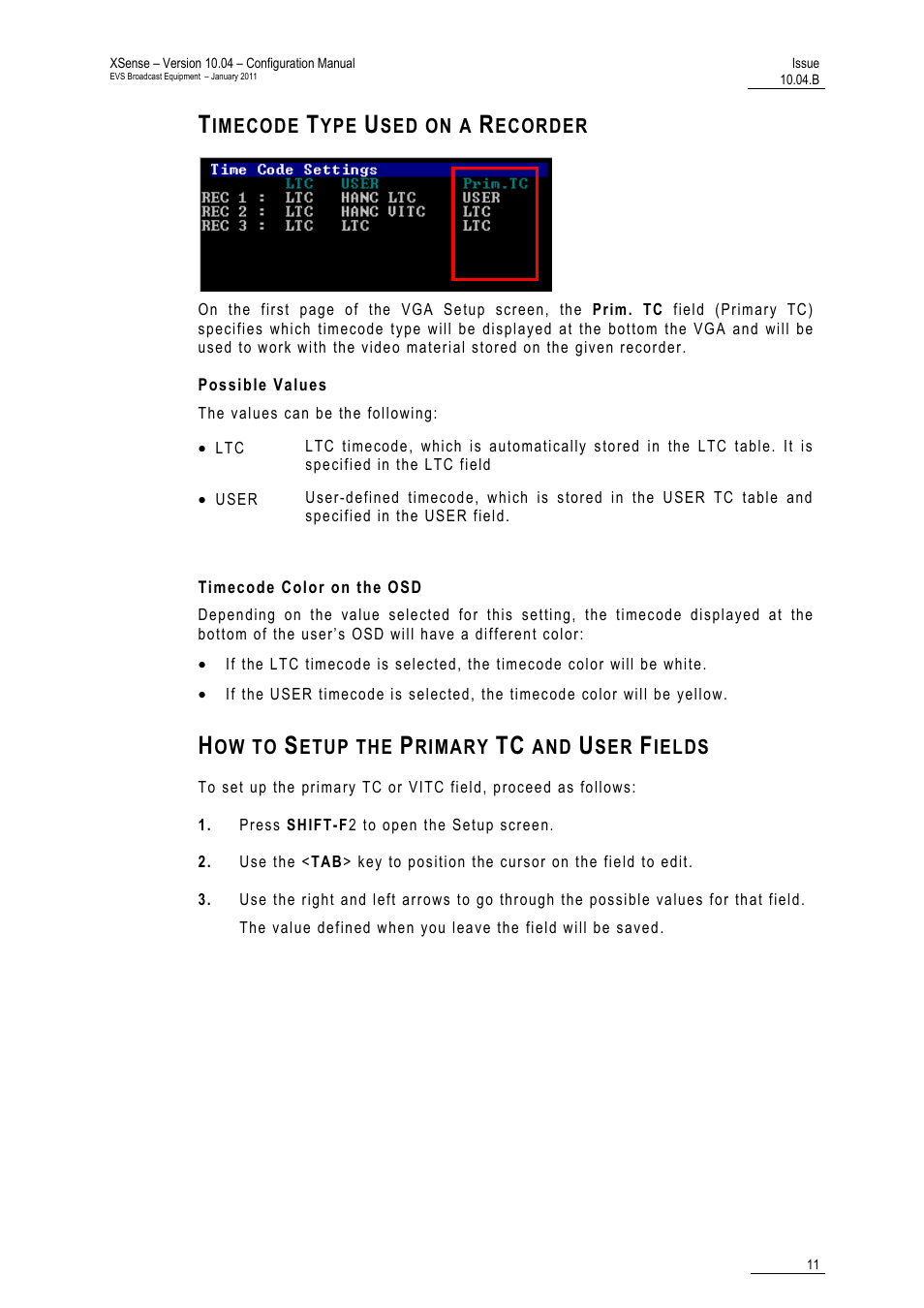 Timecode type used on a recorder, Possible values, Timecode color on the osd | How to setup the primary tc and user fields | EVS XSense Version 10.04 - January 2011 Configuration Manual User Manual | Page 20 / 96