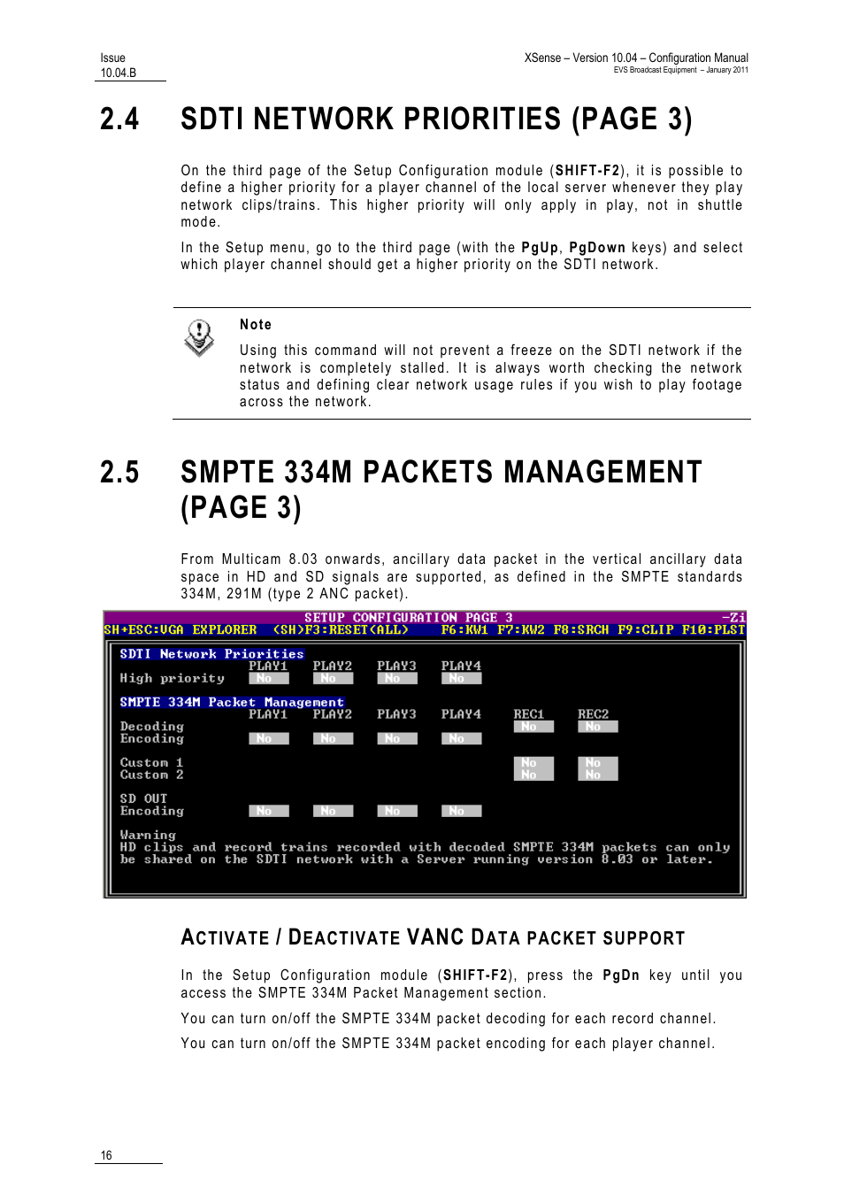 Activate / deactivate vanc data packet support, 16 an, 4 sdti network priorities (page 3) | Vanc | EVS XSense Version 10.04 - January 2011 Configuration Manual User Manual | Page 25 / 96