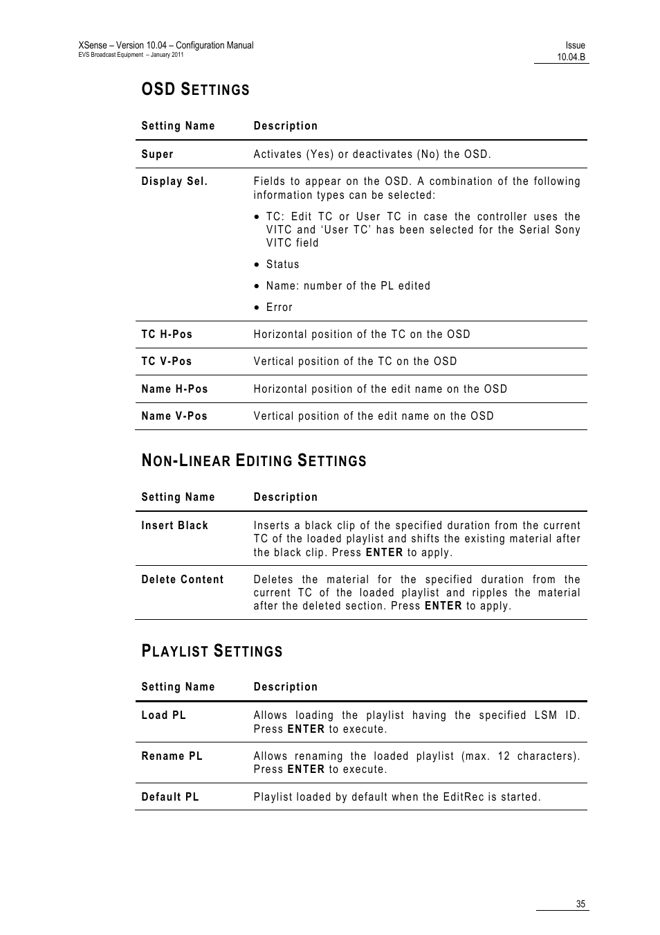 Osd settings, Non-linear editing settings, Playlist settings | EVS XSense Version 10.04 - January 2011 Configuration Manual User Manual | Page 44 / 96