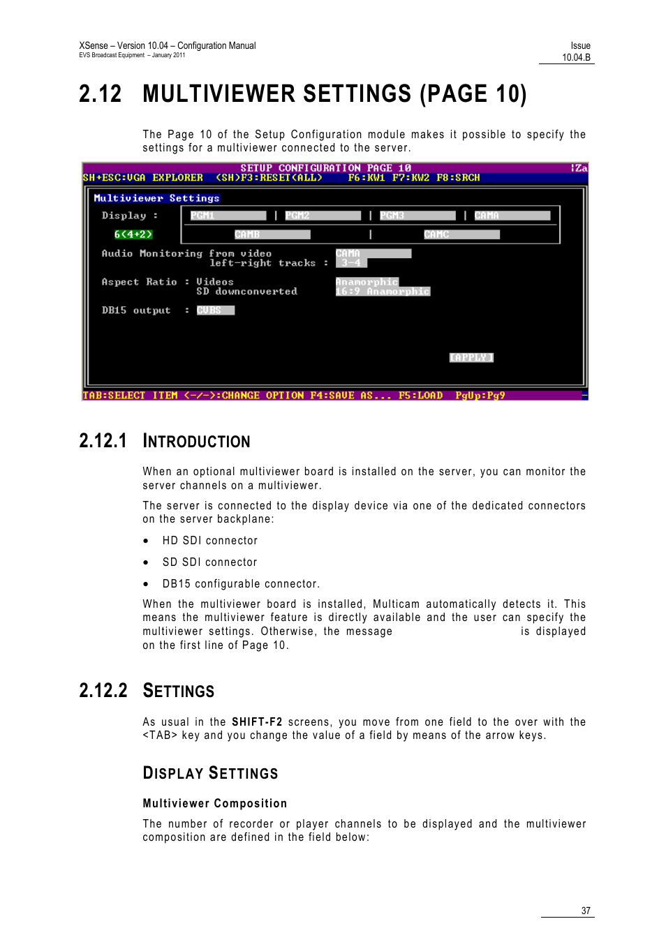 1 introduction, 2 settings, Display settings | Multiviewer composition, 12 multiviewer settings (page 10), Ntroduction, Ettings | EVS XSense Version 10.04 - January 2011 Configuration Manual User Manual | Page 46 / 96