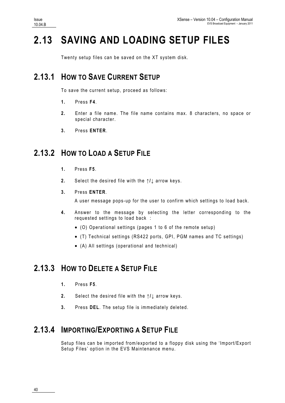 13 saving and loading setup files, 1 how to save current setup, 2 how to load a setup file | 3 how to delete a setup file, 4 importing/exporting a setup file, File | EVS XSense Version 10.04 - January 2011 Configuration Manual User Manual | Page 49 / 96