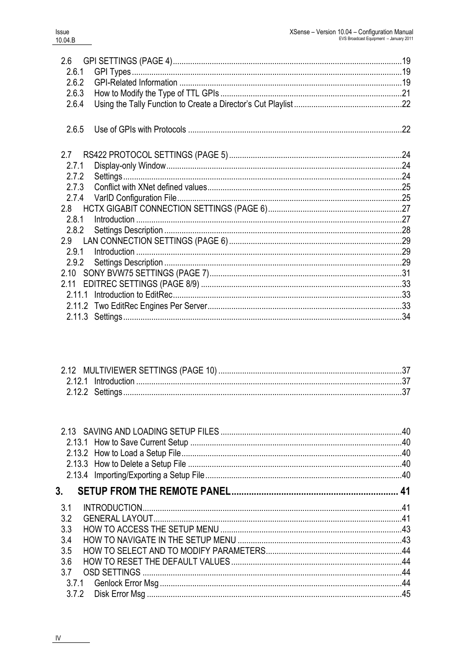 Setup from the remote panel | EVS XSense Version 10.04 - January 2011 Configuration Manual User Manual | Page 5 / 96