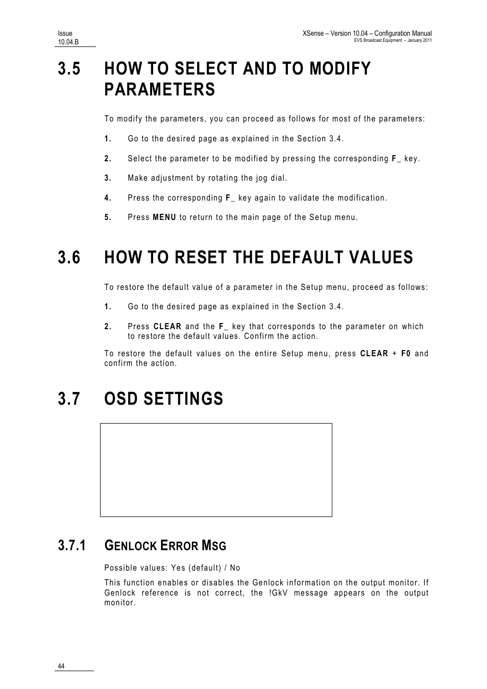 5 how to select and to modify parameters, 6 how to reset the default values, 7 osd settings | 1 genlock error msg, Lues, Enlock, Rror | EVS XSense Version 10.04 - January 2011 Configuration Manual User Manual | Page 53 / 96