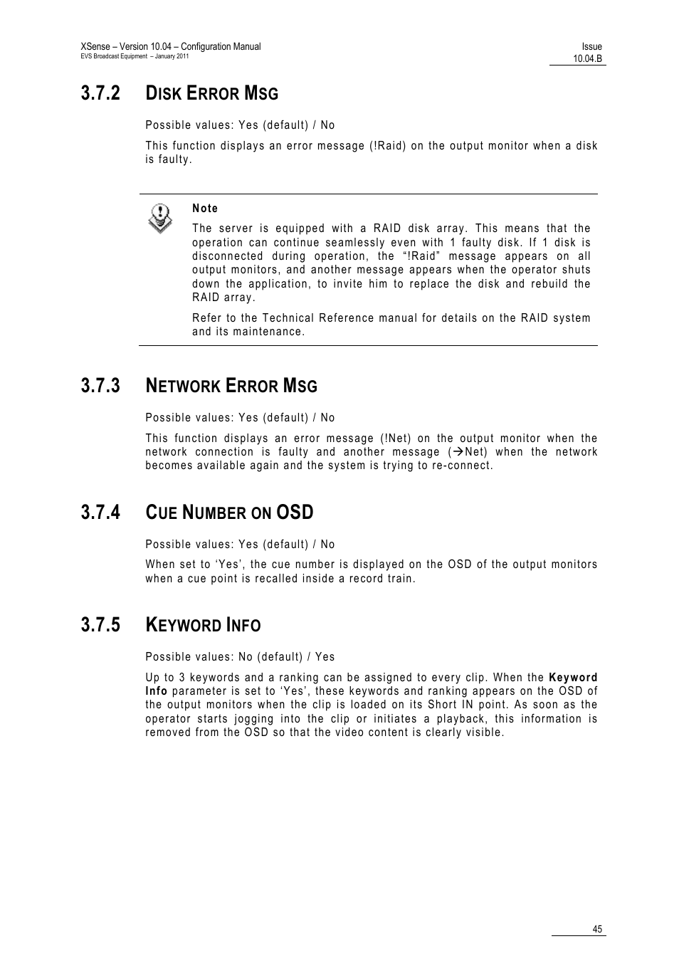 2 disk error msg, 3 network error msg, 4 cue number on osd | 5 keyword info | EVS XSense Version 10.04 - January 2011 Configuration Manual User Manual | Page 54 / 96