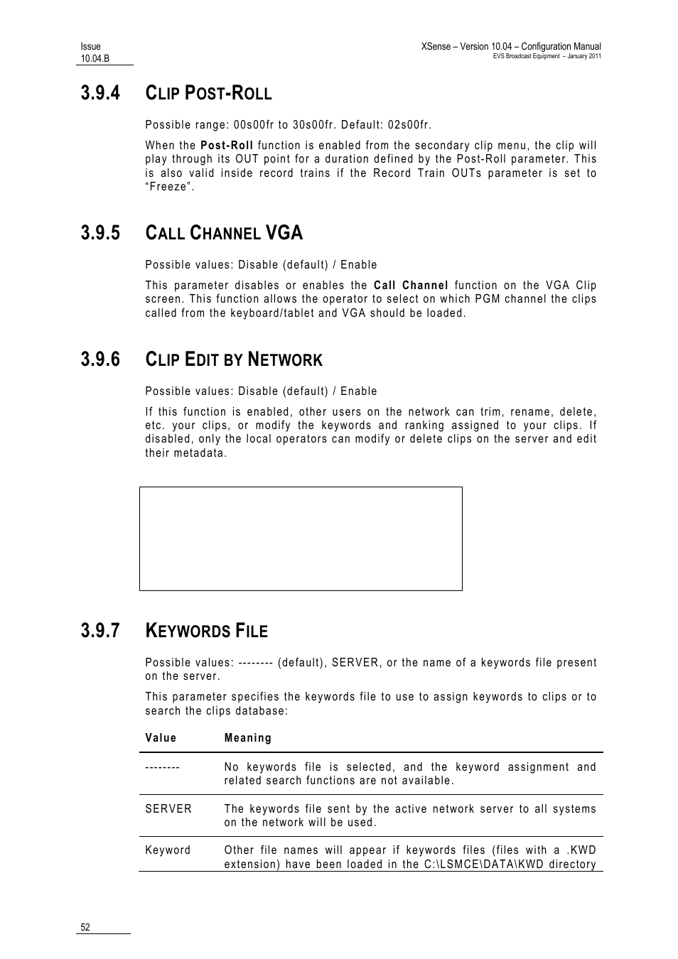 4 clip post-roll, 5 call channel vga, 6 clip edit by network | 7 keywords file | EVS XSense Version 10.04 - January 2011 Configuration Manual User Manual | Page 61 / 96