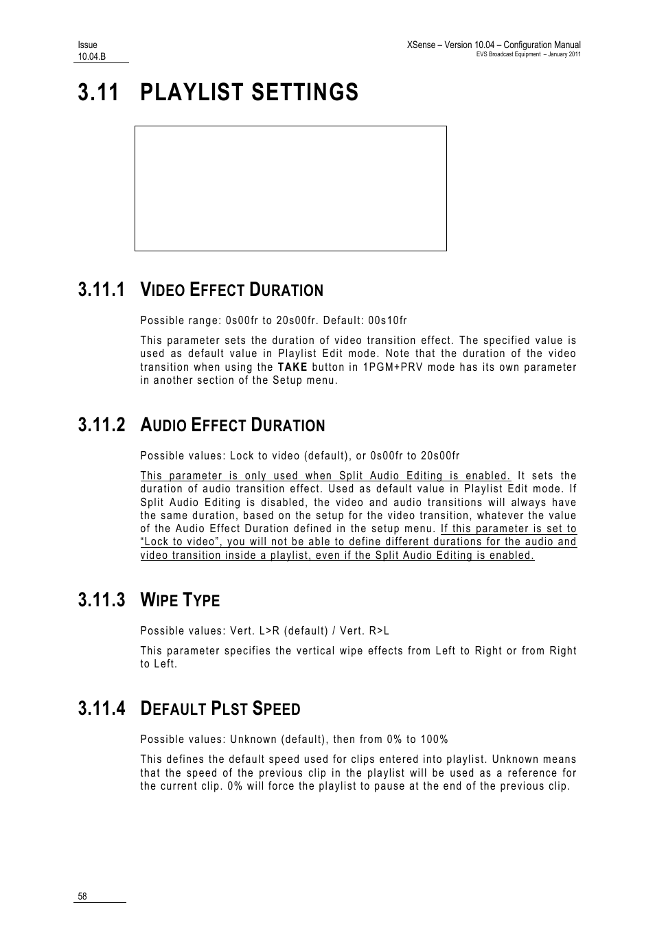 11 playlist settings, 1 video effect duration, 2 audio effect duration | 3 wipe type, 4 default plst speed | EVS XSense Version 10.04 - January 2011 Configuration Manual User Manual | Page 67 / 96