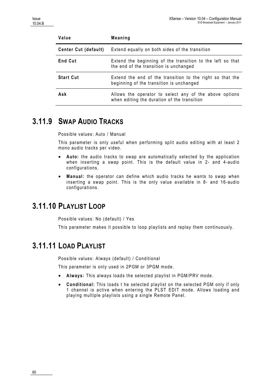 9 swap audio tracks, 10 playlist loop, 11 load playlist | 10 p, 11 l, Udio, Racks, Laylist | EVS XSense Version 10.04 - January 2011 Configuration Manual User Manual | Page 69 / 96
