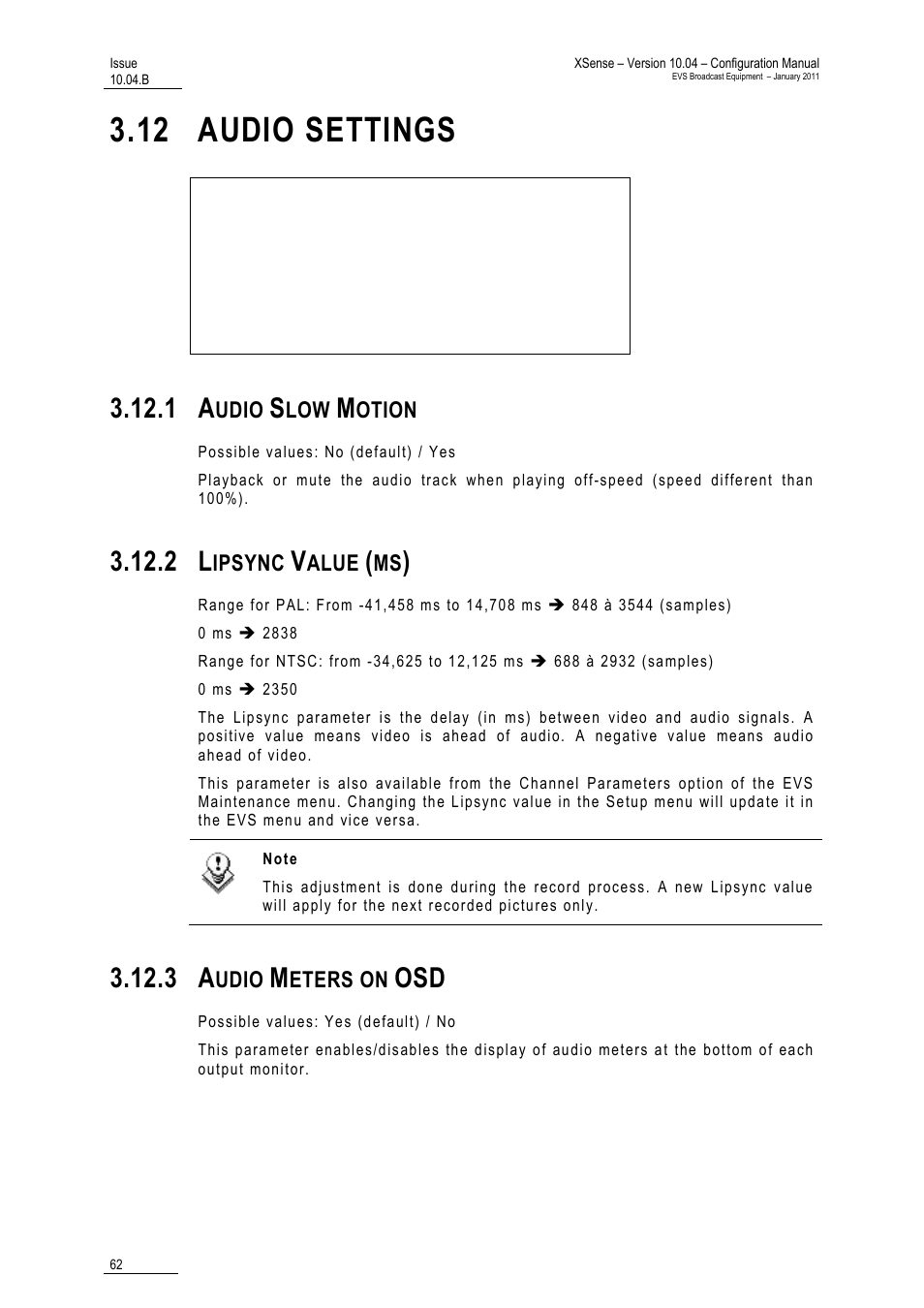 12 audio settings, 1 audio slow motion, 2 lipsync value (ms) | 3 audio meters on osd | EVS XSense Version 10.04 - January 2011 Configuration Manual User Manual | Page 71 / 96