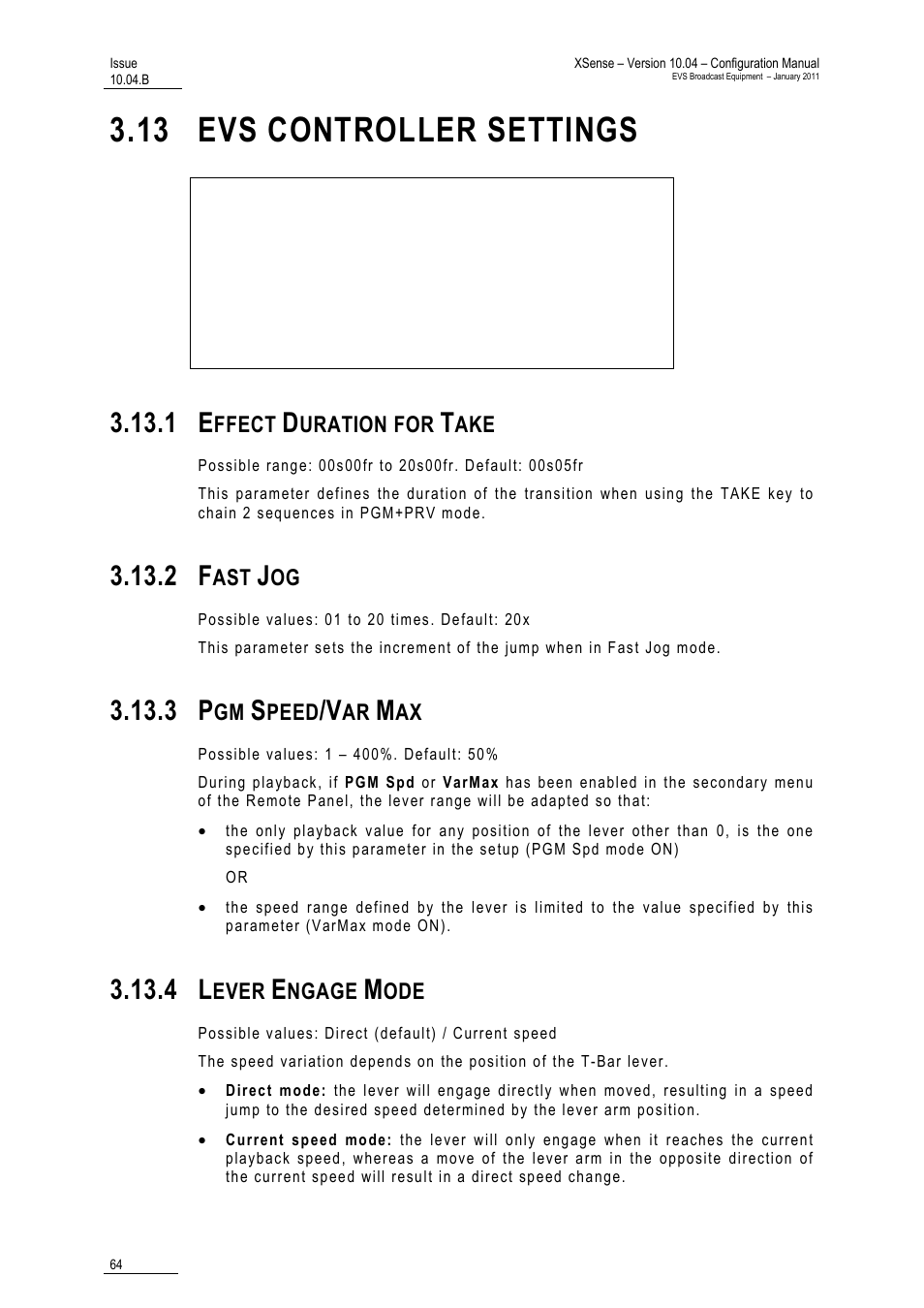13 evs controller settings, 1 effect duration for take, 2 fast jog | 3 pgm speed/var max, 4 lever engage mode | EVS XSense Version 10.04 - January 2011 Configuration Manual User Manual | Page 73 / 96
