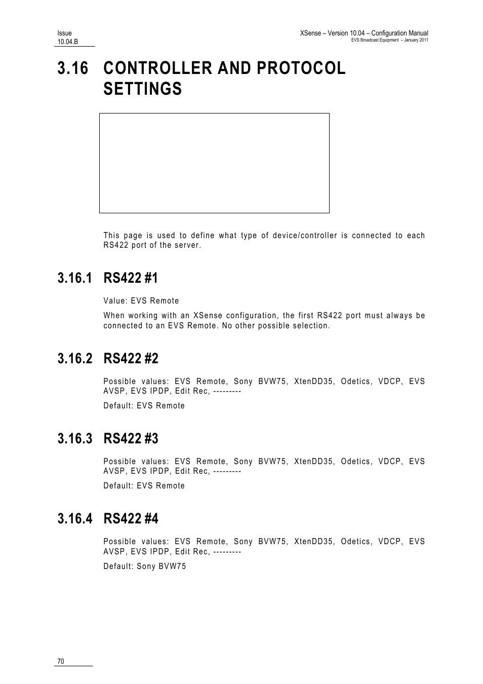 16 controller and protocol settings, 1 rs422 #1, 2 rs422 #2 | 3 rs422 #3, 4 rs422 #4, Ttings, 1 rs422, 2 rs422, 3 rs422, 4 rs422 | EVS XSense Version 10.04 - January 2011 Configuration Manual User Manual | Page 79 / 96
