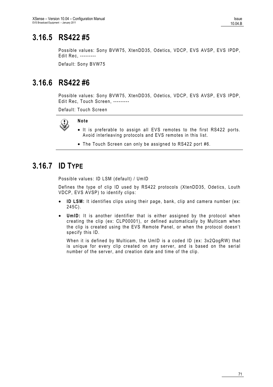 5 rs422 #5, 6 rs422 #6, 7 id type | 5 rs422, 6 rs422, 7 id | EVS XSense Version 10.04 - January 2011 Configuration Manual User Manual | Page 80 / 96