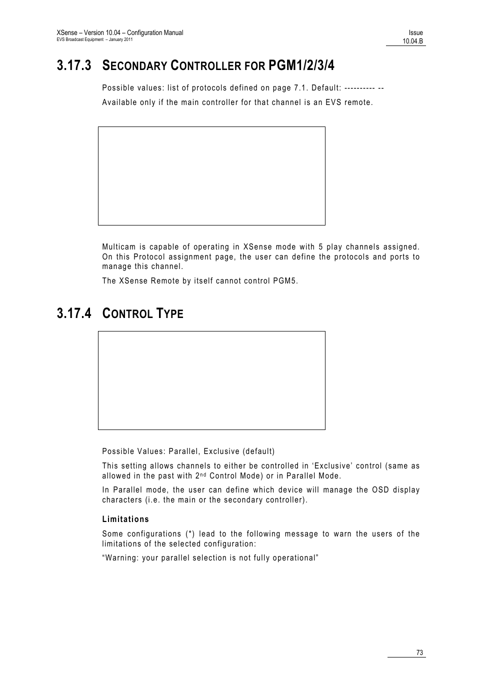 3 secondary controller for pgm1/2/3/4, 4 control type, Limitations | Pgm1/2/3/4, Econdary, Ontroller for, Ontrol | EVS XSense Version 10.04 - January 2011 Configuration Manual User Manual | Page 82 / 96