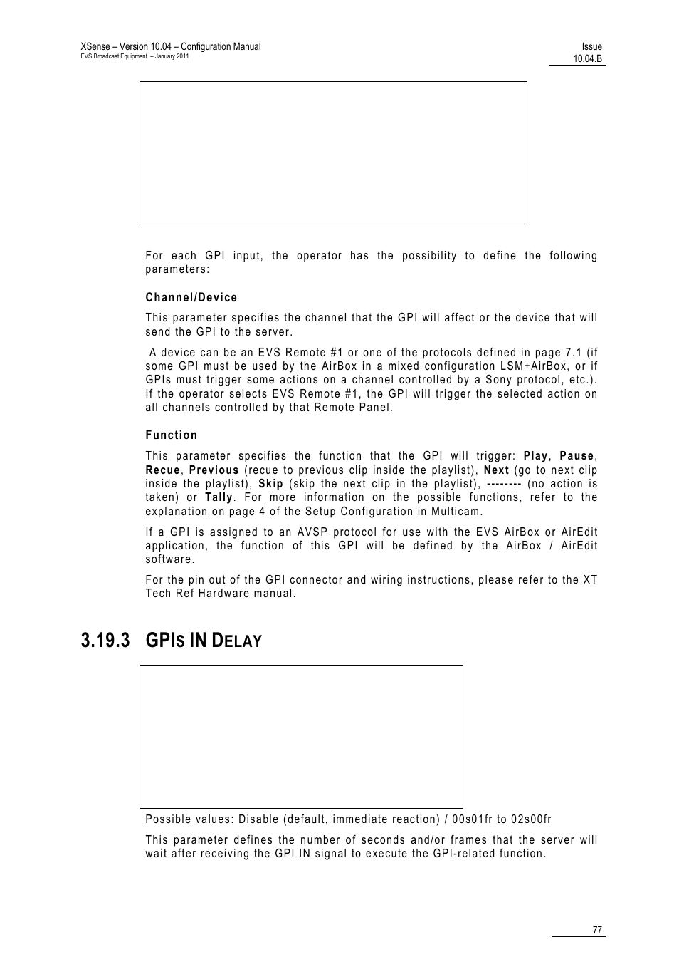 Channel/device, Function, 3 gpis in delay | 3 gpi, Elay | EVS XSense Version 10.04 - January 2011 Configuration Manual User Manual | Page 86 / 96
