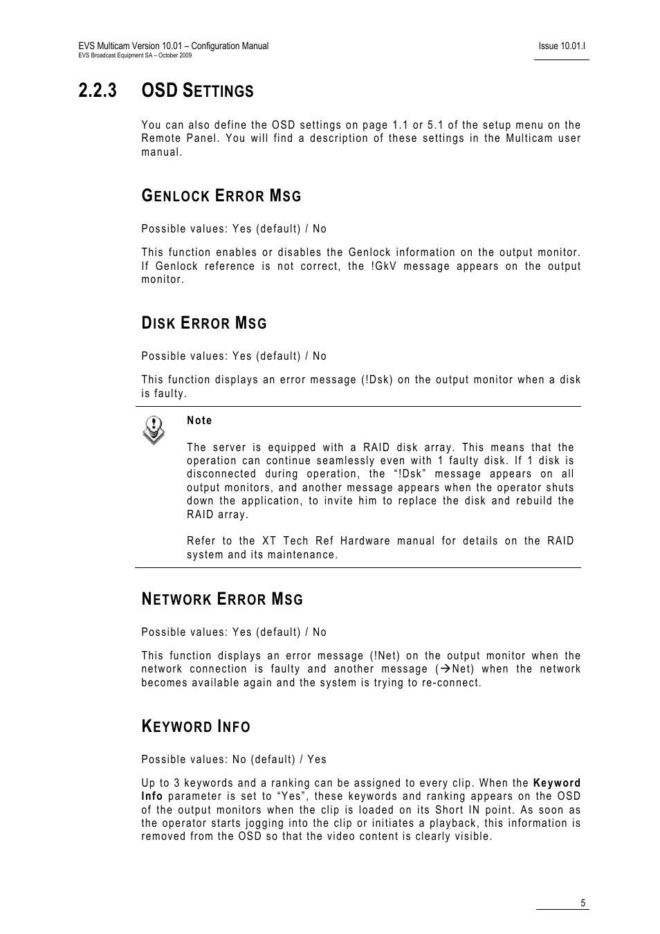 3 osd settings, Genlock error msg, Disk error msg | Network error msg, Keyword info, 3 osd | EVS MulticamLSM Version 10.01 - October 2009 Configuration Manual User Manual | Page 12 / 93