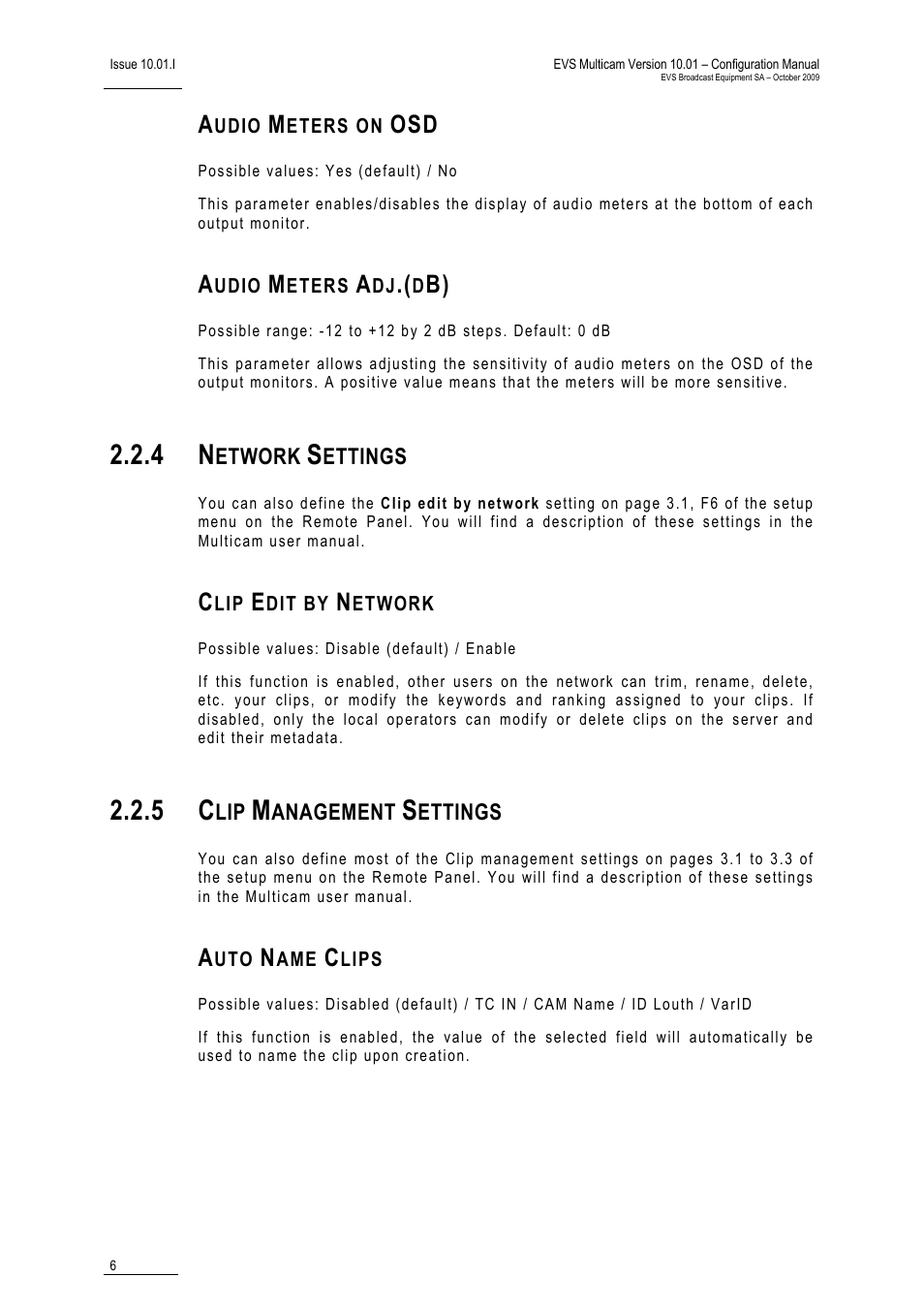 Audio meters on osd, Audio meters adj.(db), 4 network settings | Clip edit by network, 5 clip management settings, Auto name clips | EVS MulticamLSM Version 10.01 - October 2009 Configuration Manual User Manual | Page 13 / 93