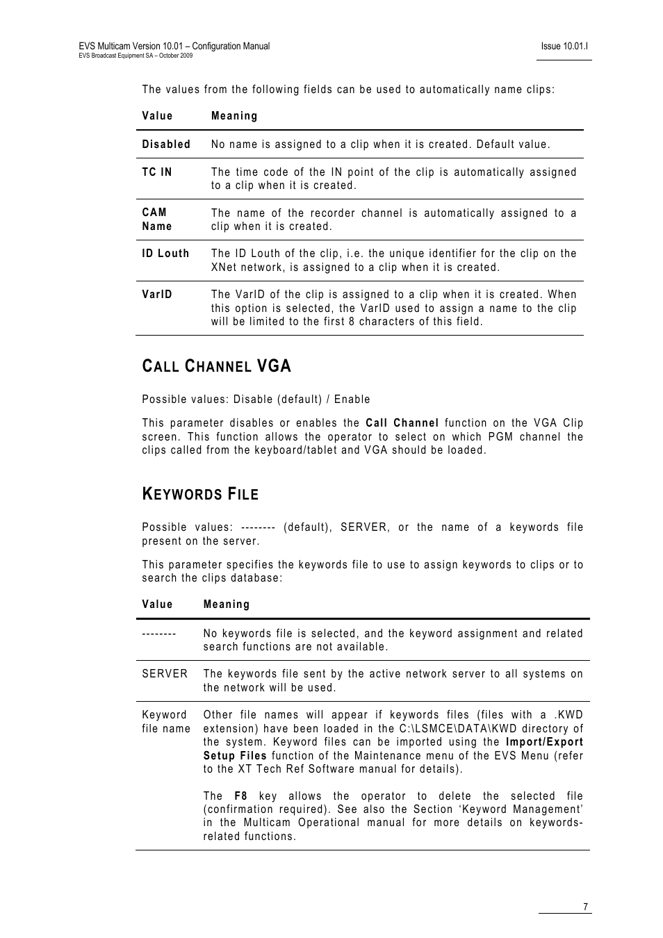 Call channel vga, Keywords file | EVS MulticamLSM Version 10.01 - October 2009 Configuration Manual User Manual | Page 14 / 93