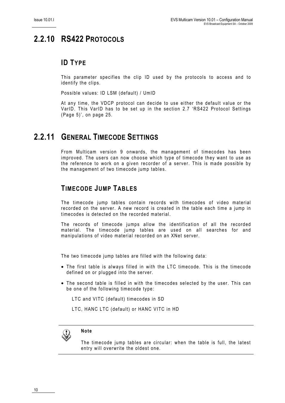 10 rs422 protocols, Id type, 11 general timecode settings | Timecode jump tables, 11 g, Rotocols, Eneral, Imecode, Ettings | EVS MulticamLSM Version 10.01 - October 2009 Configuration Manual User Manual | Page 17 / 93